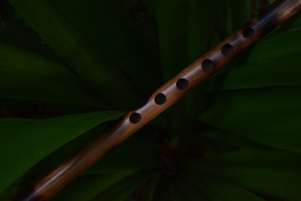 A wooden wind instrument placed atop large green leaves. It's definitely magical. No doubt.