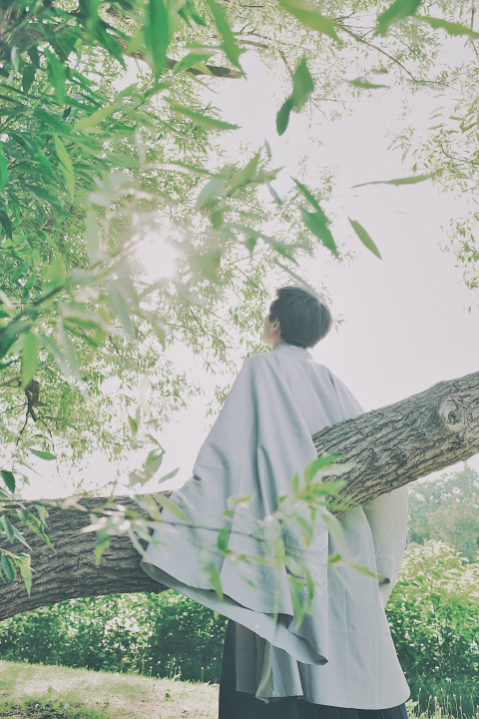 A woman in a white robe with very long sleeves standing next to a tree staring up at the sun. Very Majestic.