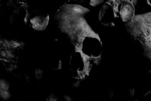 dimly lit skull surrounded by nondescript bones
